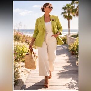 Like New Lafayette 148 New York Linen Blend Blazer in chartreuse Green Size 16